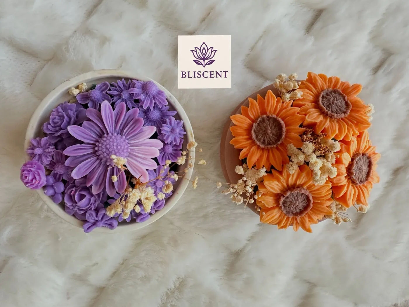 A purple wax gerbera bouquet beside a sunflower bouquet