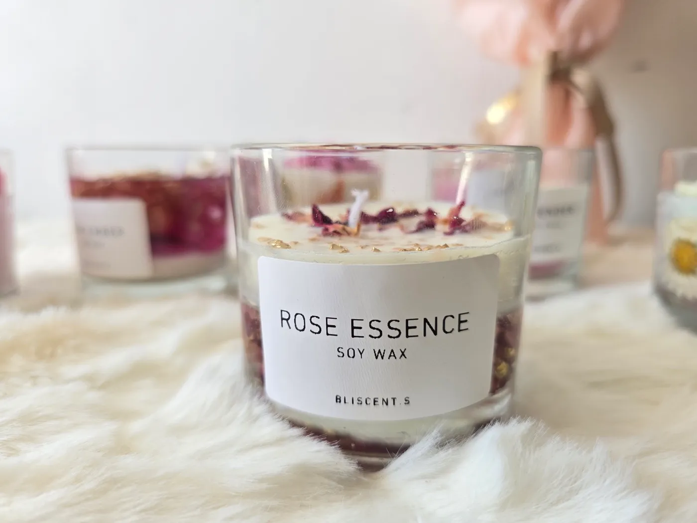Rose Essence soy jar candle layered with rose petals